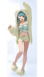  1girl absurdres arm_up blue_hair full_body highres hood hooded_jacket jacket jewelry navel necklace one_eye_closed open_mouth shiranami_ramune shorts slippers solo virtual_youtuber vspo! yuu_(higashi_no_penguin) 