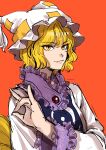  1girl absurdres animal_ears blonde_hair blue_tabard dress fox_ears fox_shadow_puppet fox_tail hat highres kuya_(hey36253625) long_sleeves mob_cap ofuda ofuda_on_clothes orange_background portrait short_hair simple_background solo tabard tail touhou white_dress wide_sleeves yakumo_ran yellow_eyes 