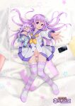  1girl absurdres bed_sheet bluesnail breasts character_doll choker d-pad d-pad_hair_ornament frills full_body hair_ornament highres long_hair looking_at_viewer lying medium_breasts navel nepgear neptune_(neptune_series) neptune_(series) on_back on_bed pillow purple_eyes purple_hair solo striped stuffed_toy 