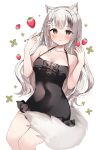  1girl :t animal_ear_fluff animal_ears bare_shoulders black_dress blush bonono breasts brown_eyes cleavage closed_mouth collarbone covered_navel dress eating feet_out_of_frame food fork fox_ears fox_girl fox_tail frilled_dress frills fruit grey_hair hair_ornament hairclip highres holding holding_food holding_fork holding_fruit invisible_chair long_hair looking_at_viewer medium_breasts original simple_background sitting sleeveless sleeveless_dress solo strawberry tail very_long_hair white_background 