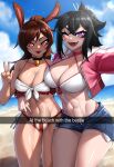  2girls :p ;d absurdres animal_ears bare_shoulders beach bell bikini black_choker black_hair blue_sky breasts brown_hair choker cleavage cloud commentary cowboy_shot cropped_jacket day denim denim_shorts fangs hand_up highres jacket jingle_bell large_breasts long_hair looking_at_viewer multiple_girls navel neck_bell ocean one_eye_closed open_clothes open_fly open_jacket open_mouth orange_eyes original pink_jacket purple_eyes rabbit_ears rageman709 scar scar_on_cheek scar_on_face short_shorts shorts sky smile standing stomach swimsuit thighs tongue tongue_out w water white_bikini 