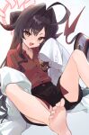  1girl ahoge barefoot black_hair black_horns black_shorts blue_archive blush coat collared_shirt demon_horns fang feet foot_out_of_frame hair_intakes halo highres horns kasumi_(blue_archive) knees_up lab_coat legs long_hair momoyama_momo open_mouth red_halo red_shirt shirt shirt_tucked_in shorts simple_background sleeves_past_fingers sleeves_past_wrists smile soles solo toes white_background white_coat yellow_eyes 