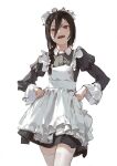  1girl absurdres angry apron black_hair braid chainsaw_man commentary dino_(dinoartforame) frilled_sleeves frills garter_straps hair_between_eyes highres long_sleeves looking_at_viewer maid maid_apron maid_headdress nayuta_(chainsaw_man) open_mouth red_eyes simple_background symbol-only_commentary thighhighs white_background white_thighhighs 