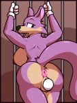  absurd_res anthro breasts cage canid canine clothing egg female fox fur genitals gloves handwear hi_res ikakins looking_back mammal oviposition purple_body purple_fur pussy rain_(ttcc) solo toontown_corporate_clash toontown_online toony 