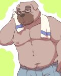  2023 anthro belly canid canine canis dokachin domestic_dog eyes_closed eyewear glasses kemono male mammal misterdonn moobs navel nipples simple_background solo towel 