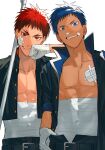  2boys abs absurdres aged_down aomine_daiki bandage_on_face bandages bandaid bandaid_on_navel belt bishounen black_jacket blue_eyes blue_hair buttons carrying_pole collared_jacket hand_to_own_mouth highres jacket kagami_taiga kuroko_no_basuke light_smile looking_at_viewer male_focus mirin_(coene65) multiple_boys open_clothes open_jacket parted_lips red_eyes red_hair simple_background teeth white_background 