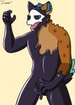  2023 absurd_res anthro bulge bulge_grab changed_(video_game) fwankie fwankie_(character) goo_transformation hair hi_res hyena living_latex looking_at_viewer male mammal mask mid_transformation open_mouth solo spotted_hyena teeth transformation 