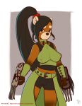  2019 absurd_res accessory ailurid anthro armor belt bike_shorts black_hair black_nose bottomwear bracers breasts claw_(weapon) clothed clothing collar collar_ring dragon_quest_xi female front_view hair hair_accessory hair_ring hi_res jade_(dq11) joe_randel long_ponytail looking_at_viewer mammal melee_weapon midriff nipple_outline pengsong_(rnixon) ponytail portrait red_panda shorts solo standing three-quarter_portrait tight_bottomwear tight_clothing tight_shorts warrior weapon 