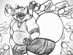  2019 4_fingers anthro big_butt biped bluejewel1999 bodily_fluids bottomwear bulge butt clothed clothing digital_media_(artwork) disembodied_penis erection fingers generation_7_pokemon genital_fluids genitals hi_res huge_butt hyper hyper_butt imminent_sex incineroar male nintendo open_mouth penis pokemon pokemon_(species) precum simple_background smile solo thick_thighs topwear vein veiny_penis wide_hips 