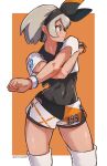  1girl aosora2823 bea_(pokemon) bodysuit bodysuit_under_clothes covered_navel crossed_arms dark-skinned_female dark_skin dynamax_band grey_eyes grey_hair hairband highres orange_background pokemon pokemon_(game) pokemon_swsh shorts stretching 