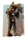  2023 absurd_res anthro biped brown_nose clank_(ratchet_and_clank) clothed clothing duo eyebrows full-length_portrait fully_clothed fur green_eyes hi_res hpiola lombax machine male mammal portrait ratchet ratchet_and_clank robot shadow signature sony_corporation sony_interactive_entertainment standing striped_body striped_fur stripes tail yellow_body yellow_fur 
