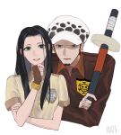  1boy 1girl alternate_costume artist_name black_hair earrings facial_hair finger_tattoo goatee hand_on_own_chin hand_tattoo hat highres holding holding_sword holding_weapon jesssssicaz jewelry jolly_roger long_hair looking_at_viewer multiple_earrings nico_robin one_piece short_hair sideburns simple_background smile sword tattoo trafalgar_law weapon white_background 