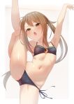  1girl arm_up bikini black_bikini breasts brown_eyes crescent flexible fumizuki_(kancolle) highres kantai_collection leg_lift leg_up long_hair looking_at_viewer navel open_mouth ponytail sakieko small_breasts solo split standing standing_on_one_leg standing_split swimsuit 