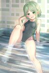  1girl adworse bathroom black_one-piece_swimsuit commentary_request competition_swimsuit day green_eyes green_hair multicolored_clothes multicolored_swimsuit ocean one-piece_swimsuit short_hair short_hair_with_long_locks sitting solo swimsuit teireida_mai tile_wall tiles touhou water 