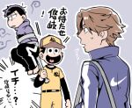  bag baseball_bat baseball_cap baseball_uniform blank_eyes bound brown_hair clothes_writing dark-skinned_male dark_skin duffel_bag empty_eyes hat holding holding_baseball_bat hood hoodie layered_sleeves logo long_sleeves male_focus matsuno_ichimatsu matsuno_jyushimatsu messy_hair mikado_(jokeraj) multiple_boys nike open_mouth osomatsu-san osomatsu-san_the_movie pants purple_hoodie short_over_long_sleeves short_sleeves smile sportswear sweatdrop sweatpants tied_up_(nonsexual) track_suit yanagita_(osomatsu-san) 