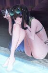  1girl barefoot black_hair blue_hair fate/grand_order fate_(series) feet grey_eyes highres knees_up legs long_hair multicolored_hair partially_submerged pool poolside round_eyewear solo streaked_hair sunglasses swimsuit tenochtitlan_(fate) toenails toes tongue tongue_out tp-sakura-k 