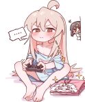 ... 2girls ahoge bare_legs barefoot blue_shirt blush brown_eyes butterfly_sitting commentary_request controller feet folded_clothes game_controller holding holding_controller holding_game_controller knees_apart_feet_together korean_commentary m1ch multiple_girls onii-chan_wa_oshimai! oversized_clothes oyama_mahiro oyama_mihari pink_hair playing_games shirt sitting soles solo_focus sparkle spoken_ellipsis sweatdrop toes 