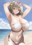  1girl ahoge anis_(nikke) anis_(sparkling_summer)_(nikke) arms_behind_head arms_up bare_shoulders beach bikini blue_sky blush breasts brown_eyes brown_hair cleavage closed_mouth collarbone eyepatch_bikini eyewear_on_head goddess_of_victory:_nikke highres jewelry large_breasts long_sleeves looking_at_viewer navel necklace official_alternate_costume shore short_hair sky solo sunglasses swimsuit task_baron thighs white_bikini 