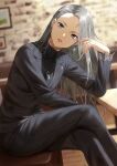  1girl black_jacket black_pants black_shirt blurry blurry_background brick_wall brown_eyes chair crossed_legs earrings elbow_rest fagi_(kakikaki) grey_hair head_tilt highres indoors jacket jewelry long_hair long_sleeves looking_at_viewer necklace niijima_sae pants parted_lips persona persona_5 shirt sitting solo suit table 