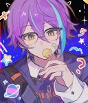  1boy ? aqua_hair bandaid bandaid_on_face bangs bespectacled black-framed_eyewear black_background blue_background blue_sweater buttons candy commentary covered_mouth earrings food glasses gradient_background hair_behind_eyewear hair_between_eyes highres hisakawa_sora holding holding_candy holding_food holding_lollipop jewelry kamishiro_rui lollipop long_bangs long_sleeves looking_at_viewer male_focus multicolored_background multicolored_hair over-rim_eyewear planet portrait project_sekai purple_hair semi-rimless_eyewear shirt short_hair solo sparkle star_(symbol) strap streaked_hair stud_earrings sweater two-tone_hair upper_body white_shirt yellow_eyes 