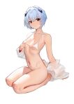  1boy absurdres arm_support armpits ayanami_rei bare_shoulders bikini bikini_top_only blue_hair bottomless collarbone dot_nose expressionless flat_chest full_body hair_between_eyes hand_on_own_chest headpiece highres liwen520 looking_at_viewer micro_bikini navel neon_genesis_evangelion no_panties off_shoulder parted_lips red_eyes seiza short_hair simple_background sitting solo stomach swimsuit unworn_shirt white_background white_bikini 