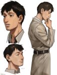  1boy absurdres alternate_universe armband belt bertolt_hoover black_hair closed_eyes collared_shirt cropped_legs expressions facial_hair from_side goatee highres male_focus marley_military_uniform nsozp shingeki_no_kyojin shirt short_hair solo standing stubble thinking 