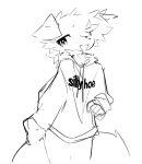  ambiguous_gender anthro big_tail black_and_white black_nose bottomless canid canine canis clothed clothing cute_fangs domestic_dog goobysart hi_res hoodie hoodie_only jordyn_(goobysart) mammal meme meme_clothing monochrome simple_background sketch solo standing tail topwear topwear_only white_background 