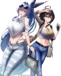  2girls :3 :d absurdly_long_hair absurdres arm_behind_back arm_up azur_lane bag bare_shoulders belt black_belt black_choker black_hair black_ribbon blue_eyes blue_hair blue_nails breasts brown_jacket casual cellphone choker clothing_cutout collarbone cowboy_shot crop_top denim earrings english_commentary eyewear_on_head georgia_(azur_lane) hair_between_eyes hair_intakes hair_ornament hair_ribbon hairclip heterochromia highleg highleg_panties highres holding holding_bag holding_phone irkawaza jacket jeans jewelry large_breasts long_hair looking_at_viewer midriff multiple_girls navel necklace new_jersey_(azur_lane) open_clothes open_jacket open_mouth panties pants parted_lips phone ponytail ribbon shirt short_hair shoulder_cutout sidelocks simple_background smartphone smile standing star_(symbol) star_earrings star_necklace star_print sunglasses tied_shirt torn_clothes torn_jeans torn_pants twitter_username underwear very_long_hair watch white_background white_shirt wristwatch yellow_eyes 