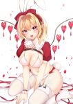  1girl :d alternate_costume animal_ears blonde_hair blurry blush bow bra breasts cleavage depth_of_field dripping fake_animal_ears fake_tail fang flandre_scarlet frilled_shirt_collar frills garter_straps hair_between_eyes hair_bow hair_intakes heart highres kei_(hidden) large_breasts leaning_forward looking_at_viewer navel one_side_up open_mouth panties pink_bra pink_eyes pointy_ears rabbit_ears rabbit_tail red_bow shrug_(clothing) simple_background sitting smile solo tail thighhighs thighs touhou underwear wariza white_background white_panties white_thighhighs wings wrist_cuffs 