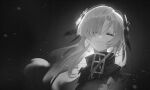  1girl closed_eyes closed_mouth coat commentary_request cropped_shoulders dark_background facing_viewer film_grain floating_hair flower greyscale hair_flower hair_ornament hair_over_one_eye head_tilt high_collar highres isekai_joucho kamitsubaki_studio light_particles light_smile long_hair monochrome shiraishi_kanoya solo straight-on virtual_youtuber zipper zipper_pull_tab 