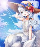  1girl :d bare_shoulders black_bow blue_eyes blue_sky bow cloud cloudy_sky dress hair_bow hat highres honkai_(series) honkai_impact_3rd kiwi1358 long_hair looking_at_viewer open_mouth outdoors sky sleeveless sleeveless_dress smile solo straw_hat summer sun sundress theresa_apocalypse white_dress white_hair 