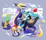  1girl aqua_eyes aqua_hair aqua_trim balloon bellibolt black_footwear boots chinchou cofu_17 collared_shirt denki_yohou_(vocaloid) dragon electricity grey_shirt hatsune_miku long_hair mimikyu minun miraidon open_mouth pikachu plusle pokemon pokemon_(creature) project_voltage riding riding_pokemon shirt skirt smile thigh_boots togedemaru twintails very_long_hair vocaloid 