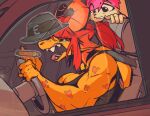 2023 absurd_res anthro awr_hey big_breasts breasts car clothed clothing digital_drawing_(artwork) digital_media_(artwork) dragon duo female fur hair hi_res horn i_think_you_should_leave inside_car lagomorph leporid male mammal maxwell_hopper muscular muscular_female open_mouth pink_hair rabbit red_eyes red_hair sitting stickers topwear vehicle white_body white_fur zoe_(awr_hey) 