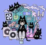  1girl :o air_conditioner animal_ears aqua_background arrow_(symbol) black_cat black_hair black_hoodie blue_footwear blunt_bangs blunt_ends blush_stickers bright_pupils cable cat cat_ears cat_girl cat_tail chimney commentary_request cup damaged diagonal_stripes dot_nose drinking_glass duct_tape english_text exit_sign eyeball fish_bone flower_pot garouma green_eyes grey_pants hands_up highres hood hood_down hoodie industrial_pipe light_bulb open_mouth original pants pants_rolled_up plant potted_plant purple_background shoes short_hair signature sitting smoke sneakers solo striped tail traffic_cone translation_request two-tone_background white_pupils wine_glass 