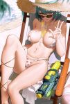  1girl absurdres aqua_hair azur_lane beach_chair between_breasts bikini blurry breasts brown_eyes closed_mouth cup dead_or_alive depth_of_field drinking_glass drinking_straw food fruit hat highres knee_up l_ract large_breasts lemon lemon_slice lips navel polka_dot polka_dot_bikini pool pulled_by_self sitting stomach strap_pull straw_hat sun_hat sunglasses swimsuit tamaki_(doa) thighs v water_gun white_bikini 