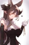  absurdres animal_ears bare_shoulders black_dress black_sleeves breasts brown_hair closed_eyes commentary_request detached_sleeves dress extra_ears frilled_sleeves frills galleon_(granblue_fantasy) granblue_fantasy hair_between_eyes highres horns impossible_clothes impossible_dress large_breasts long_hair multicolored_hair open_mouth pointy_ears sidelocks streaked_hair yu_mochi_(kamiinu) 