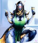  android apron apron_only awrrrq big_breasts blush breasts cleavage clothed clothing female green_eyes hood huge_hips huge_thighs humanoid i_mean_breast_milk machine meme nipple_slip nipples robot solo thick_thighs warframe wide_hips wisp_(warframe) 