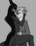  anthro bone clothed clothed/nude clothed_male_nude_female clothing digital_media_(artwork) duo embrace female hair hi_res human judy_anon male male/female mammal nude skull skull_head smile teeth 