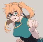  1girl boku_no_hero_academia breasts china_dress chinese_clothes dress eyelashes fingernails green_eyes grey_background kendou_itsuka large_breasts long_hair looking_at_viewer open_mouth orange_hair rnuyvm side_ponytail simple_background sleeveless sleeveless_dress solo 