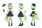  1girl absurdres animal_ears black_footwear black_headwear blush boots brown_eyes cross-laced_footwear green_hair grey_thighhighs hair_ornament highres indie_virtual_youtuber looking_at_viewer low_twintails medium_hair mira_lupus multicolored_hair open_mouth reference_sheet ruhika short_twintails simple_background smile tail thighhighs twintails virtual_youtuber white_background white_hair x_hair_ornament 