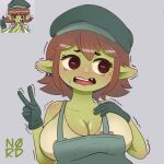  big_breasts black_eyes bodily_fluids breasts cleavage clothed clothing eyelashes female freckles goblin green_body green_clothing green_hat green_headwear green_overalls green_skin grey_background hat headgear headwear hi_res humanoid humanoid_pointy_ears lei_(20pesos_sopa) missing_tooth mokocchi motion_lines open_mouth pupils red_pupils shaking simple_background solo sweat trembling 