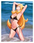  1girl armpits bare_arms bare_legs bikini black_bikini blonde_hair blurry blurry_background border breasts cleavage closed_eyes collarbone cynthia_(pokemon) dated floating_hair frankgallaxx front-tie_bikini_top front-tie_top groin hair_ornament highres long_hair medium_breasts navel ocean pokemon pokemon_(game) pokemon_bw side-tie_bikini_bottom solo standing strap_gap stretching swimsuit very_long_hair wading white_border 