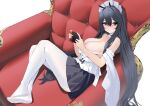  1girl absurdres ass_cutout azur_lane bare_shoulders black_hair black_skirt blush breasts chair choker cleavage closed_mouth clothing_cutout couch frilled_choker frills from_side full_body hair_between_eyes handheld_game_console highres holding holding_handheld_game_console indomitable_(azur_lane) indomitable_(ms._motivationless_maid)_(azur_lane) kawa_tamago large_breasts long_hair looking_at_viewer maid_headdress miniskirt nintendo_switch official_alternate_costume on_chair pantyhose pleated_skirt red_eyes simple_background skirt solo very_long_hair white_background white_pantyhose 