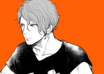  1boy barbell black_shirt closed_mouth collarbone commentary greyscale_with_colored_background hair_between_eyes halftone hatta_ayuko highres ima_koi_wo_shiteimasu. looking_to_the_side male_focus nose orange_background shirt short_hair short_sleeves simple_background sketch t-shirt tsurime upper_body v-neck yagyuu_kazuma 