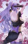  1girl arm_guards armor ass back bare_shoulders black_armor black_kimono breasts camilla_(fire_emblem) camilla_(ninja)_(fire_emblem) doiparuni fingerless_gloves fire_emblem fire_emblem_fates fire_emblem_heroes fishnet_thighhighs fishnet_top fishnets flower from_behind gloves hair_ornament hair_over_one_eye highres japanese_clothes kimono large_breasts long_hair looking_at_viewer mature_female ninja official_alternate_costume official_alternate_hairstyle ponytail purple_eyes purple_gloves purple_hair purple_nails purple_ribbon ribbon smile solo thighhighs tiara tying_hair wavy_hair wrist_guards 