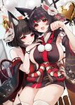  2girls absurdres animal_ear_fluff animal_ears azur_lane balloon black_hair black_kimono box breasts cat_ears closed_mouth collarbone commentary_request detached_sleeves dual_persona fang fox_mask gift gift_box heart_balloon highres huge_breasts japanese_clothes kimono looking_at_viewer mask multiple_girls nail_polish obi open_mouth paw_pose pom_pom_(clothes) red_eyes red_nails sash short_hair short_kimono sideboob skin_fang skindentation smile thick_eyebrows thighhighs thighs white_thighhighs yamaha_tsui yamashiro_(azur_lane) yamashiro_(meta)_(azur_lane) 