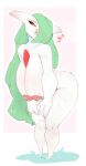  anthro big_breasts bimbofication blush bodily_fluids breasts butt ennmedoo female front_view gardevoir generation_3_pokemon green_hair hair hi_res huge_breasts humanoid lips mammal nintendo nipples not_furry pokemon pokemon_(species) red_eyes sagging_breasts short_stack simple_background solo thick_thighs wide_hips 