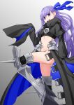  1girl :d absurdres armor ass bangs black_thighhighs blue_eyes blue_ribbon fate/extra fate/extra_ccc fate_(series) flat_chest greaves hair_ribbon highres long_hair looking_at_viewer meltryllis_(fate) navel open_mouth purple_hair ribbon sin_seishun sleeves_past_wrists smile solo teeth thighhighs 