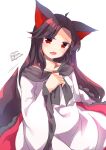 1girl animal_ears brown_hair commentary_request dated dress enjoy_mix fang imaizumi_kagerou long_hair looking_at_viewer one-hour_drawing_challenge open_mouth parted_bangs red_dress red_eyes signature simple_background solo tail touhou twitter_username two-tone_dress white_background white_dress wolf_ears wolf_girl wolf_tail 