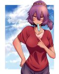  1girl adapted_costume black_skirt blue_sky blush breasts cleavage cloud commentary_request contemporary cowboy_shot day food_in_mouth hair_between_eyes hair_bun highres hot kuri_dora large_breasts long_bangs looking_at_viewer open_mouth outdoors popsicle_in_mouth purple_hair red_eyes red_shirt shirt short_hair short_sleeves single_hair_bun skirt sky solo sweat tan tanlines tassel touhou translation_request yasaka_kanako 